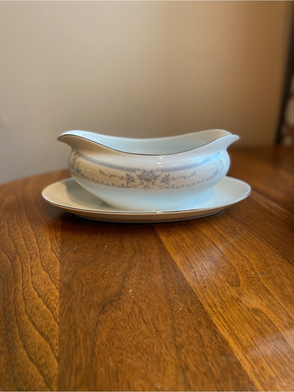 Sheffield Blue Whisper vintage gravy boat with attached under-plate 80s